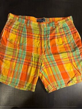 VTG Polo by Ralph Lauren Men’s Orange Plaid Cotton Pleated Tyler Shorts